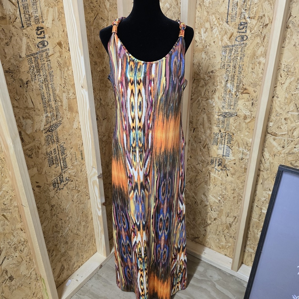 Tesoro Moda Womens Multi Color Abstract‎ Ikat Print Open Back Maxi Dress Large